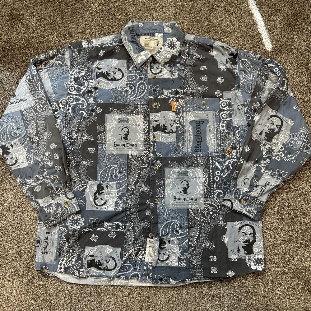 Snoop Dogg Clothing Company Button Down Mens XL Blue Paisley Patchwork Graphic